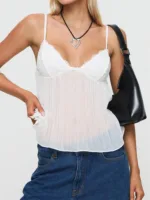 CHRONSTYLE Pleated Lace Camisole – Sexy V-Neck Spaghetti Strap Crop Tank Top for Women
