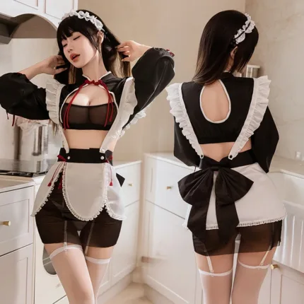 Sexy Maid Costume Cosplay Lingerie – French Apron Maid Outfit with Skirt & Stockings