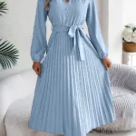 Autumn Winter Elegant V-Neck Button Belt Long Sleeved Solid Color Pleated Long Dress For Women Dresses