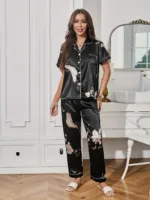 Women's Floral & Bird Print Elegant Satin Pajama Set Short Sleeve Buttons Lapel Top & Pants Comfortable Relaxed Fit Summer Night