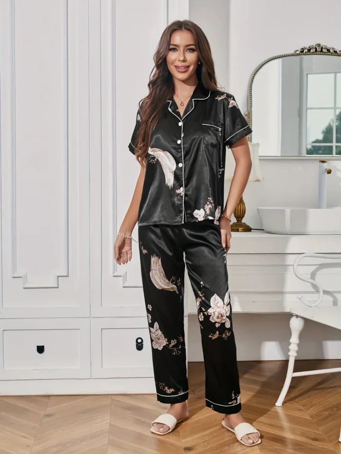 Women's Floral & Bird Print Elegant Satin Pajama Set Short Sleeve Buttons Lapel Top & Pants Comfortable Relaxed Fit Summer Night