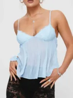 CHRONSTYLE Pleated Lace Camisole – Sexy V-Neck Spaghetti Strap Crop Tank Top for Women