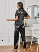 Women's Floral & Bird Print Elegant Satin Pajama Set Short Sleeve Buttons Lapel Top & Pants Comfortable Relaxed Fit Summer Night