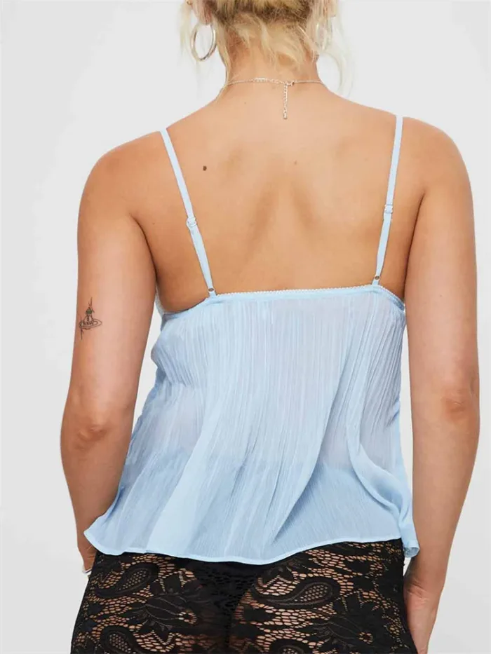 CHRONSTYLE Pleated Lace Camisole – Sexy V-Neck Spaghetti Strap Crop Tank Top for Women