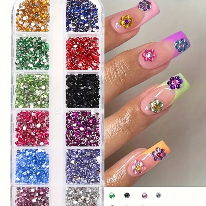 12 Grid Crystal Nail Art Rhinestones – Shimmering Flatback Gems for Nails, Shoes & Crafts