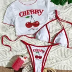 Cherry Print Three-Piece Bikini Set – Women’s Short Sleeve Swimsuit XS–L