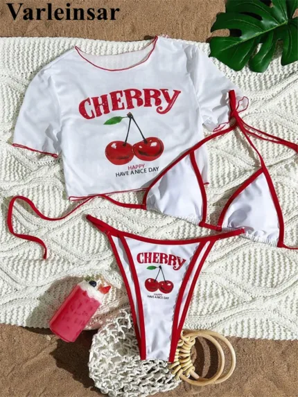 Cherry Print Three-Piece Bikini Set – Women’s Short Sleeve Swimsuit XS–L