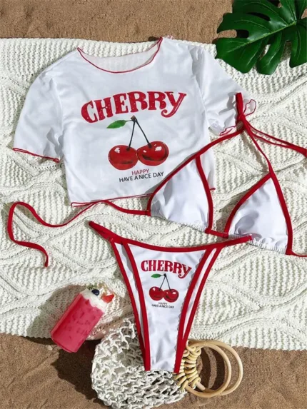 Cherry Print Three-Piece Bikini Set – Women’s Short Sleeve Swimsuit XS–L