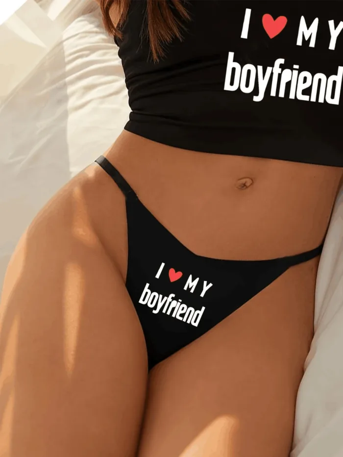 Varsbaby “I Love My Boyfriend” Cheeky Letter Print G-String — Playful Seamless Bikini Thong
