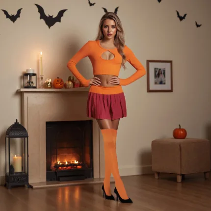 Women Halloween Cosplay Velma and Daphne Costume – Long Sleeve V Neck Crop Top & Mini Skirt Set